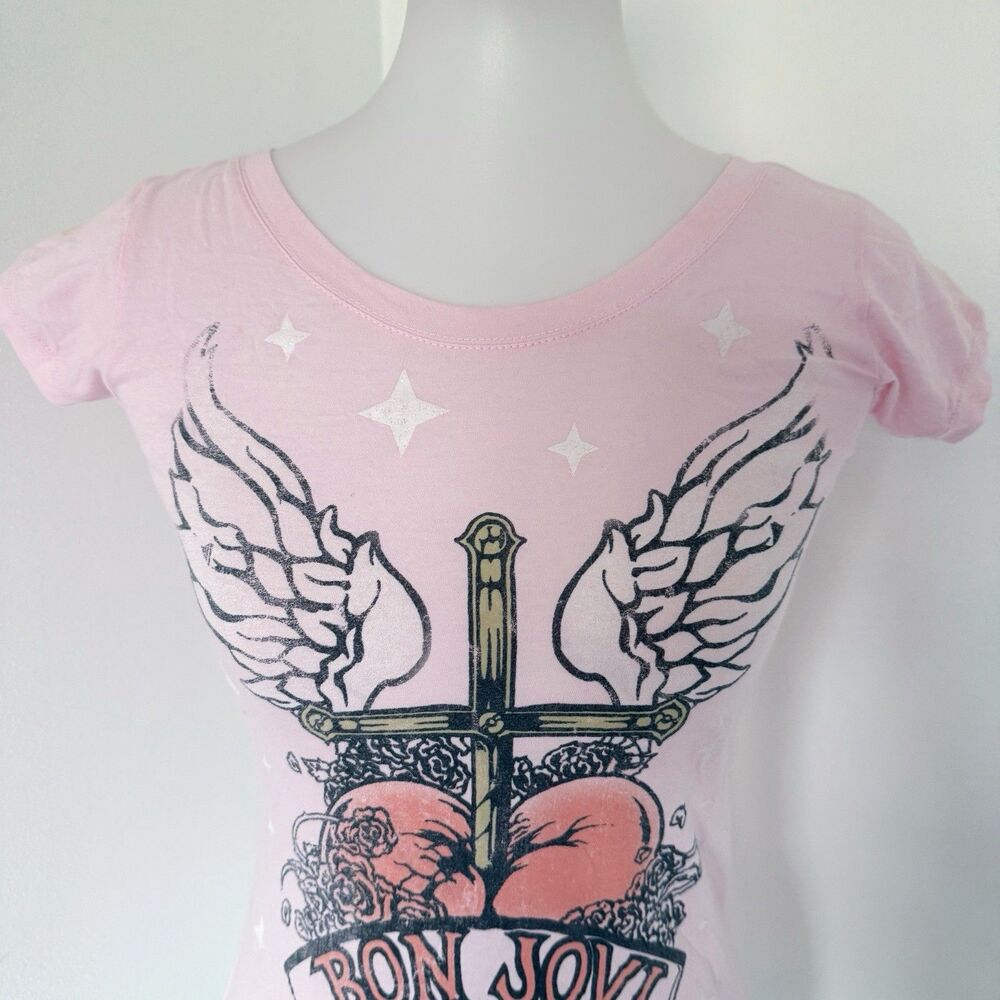 Women's Bon Jovi Baby Tee Shirt Top Pink Heart Dagger Wings Cross Pink Size S - Picture 2 of 16